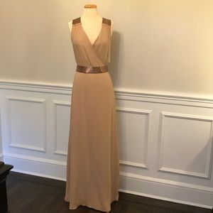 NWT Raoul Beige Deep V Belted Gown Pink Beads SZ 2