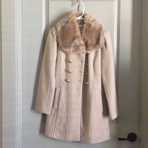 Brown pea coat with faux fur collar