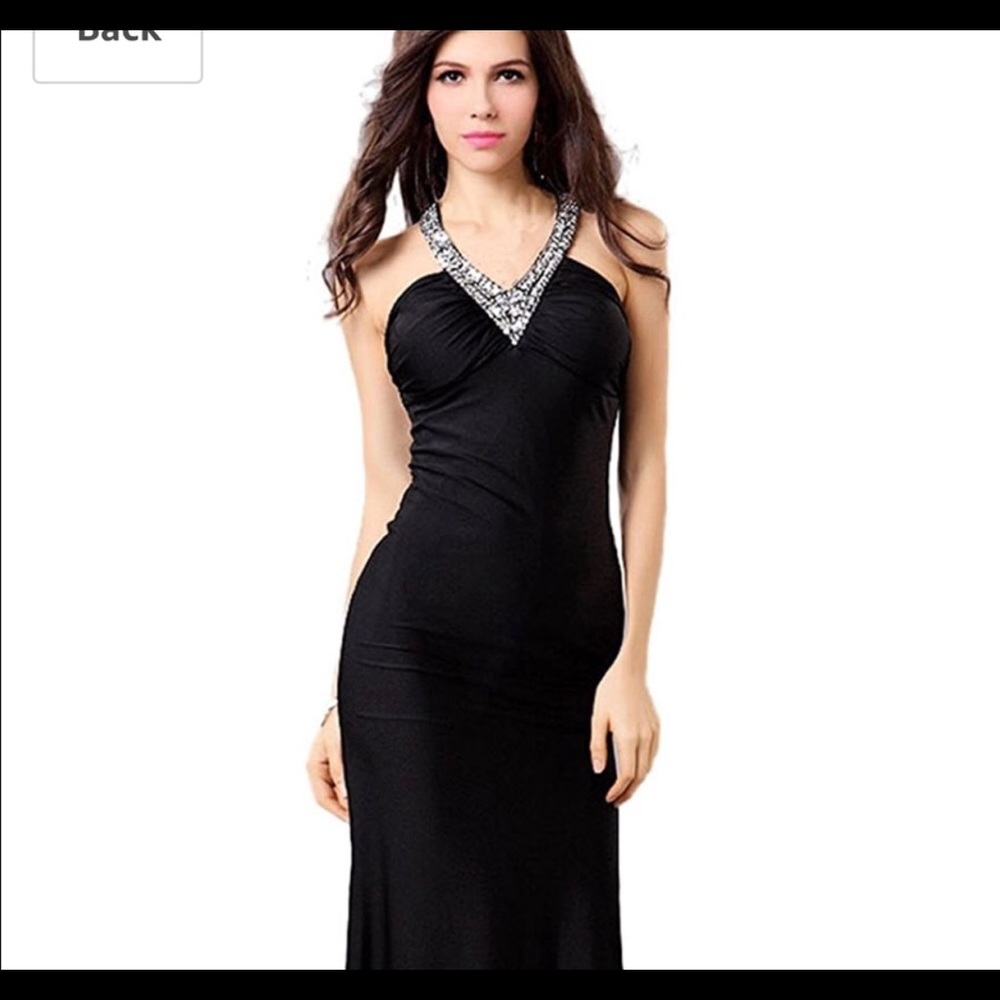 Black sequin evening gown.