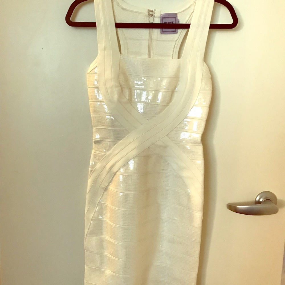 Herve Leger White Sequin Bandage Dress Size S