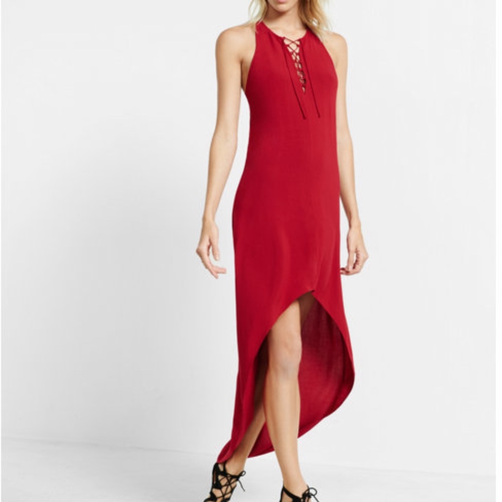 Express Red Lace-Up Hi-Lo Cut-Out Back Maxi Dress