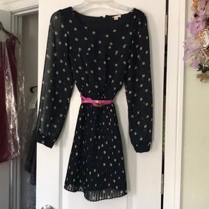 Navy with Tan Polkadot Dress and Pink Belt