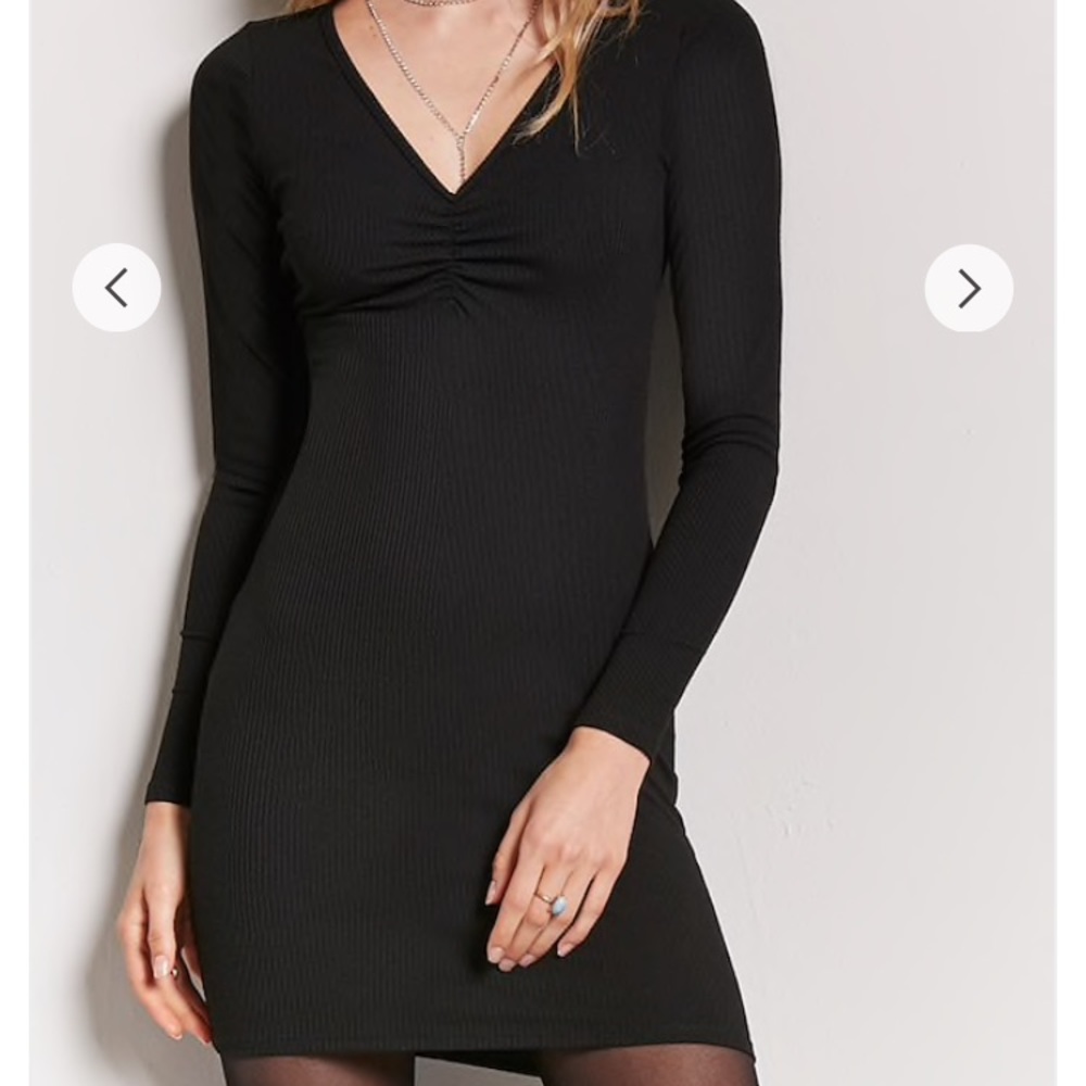 Ribbed tight black dress with V-neck
