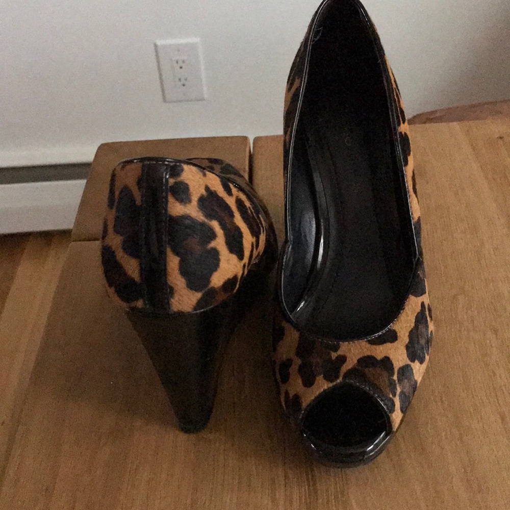 BCBGeneration Peep Toe Leopard Wedges