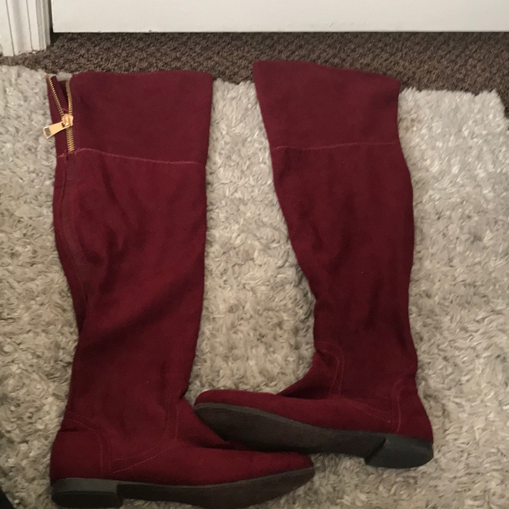 Burgundy suede knee high boots