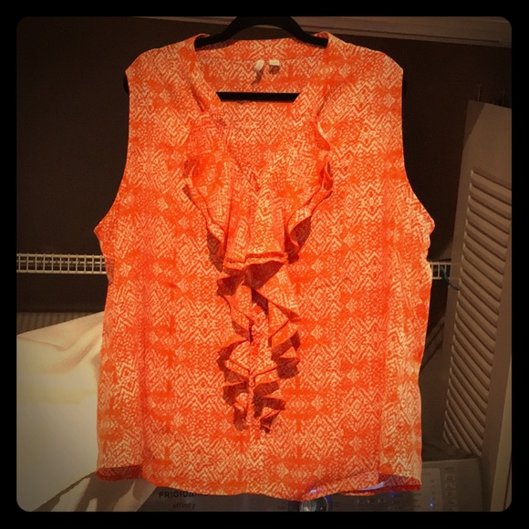 V-neck Sleeveless Orange & White Blouse - Picture 1 of 2