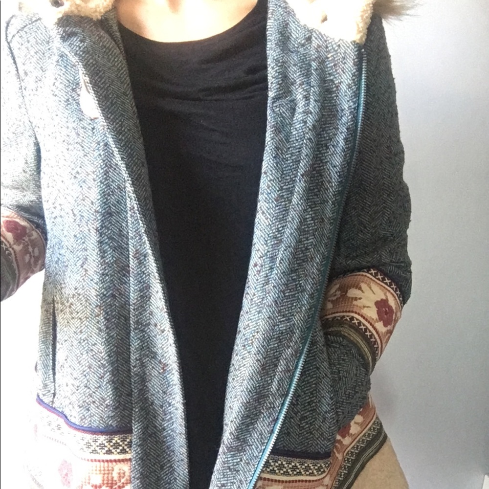 Anthropologie tweed coat with fur lined hood.