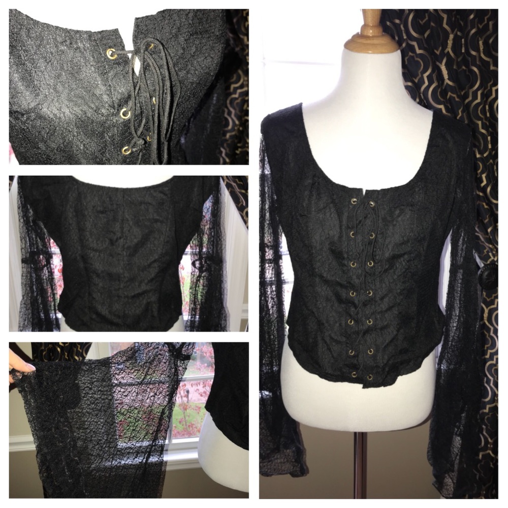 Black corset front, long lace sleeves top