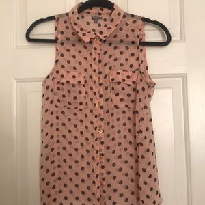 Sheer sleeveless pink polka dot button up shirt