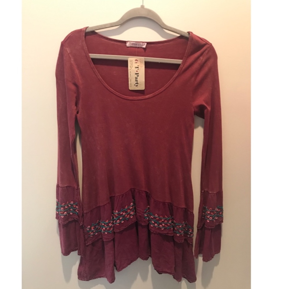 Long sleeved boho tunic with ruffles & embroidery