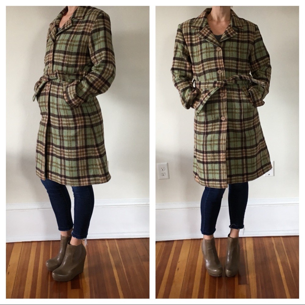Anthropologie Spiewak green and brown plaid coat