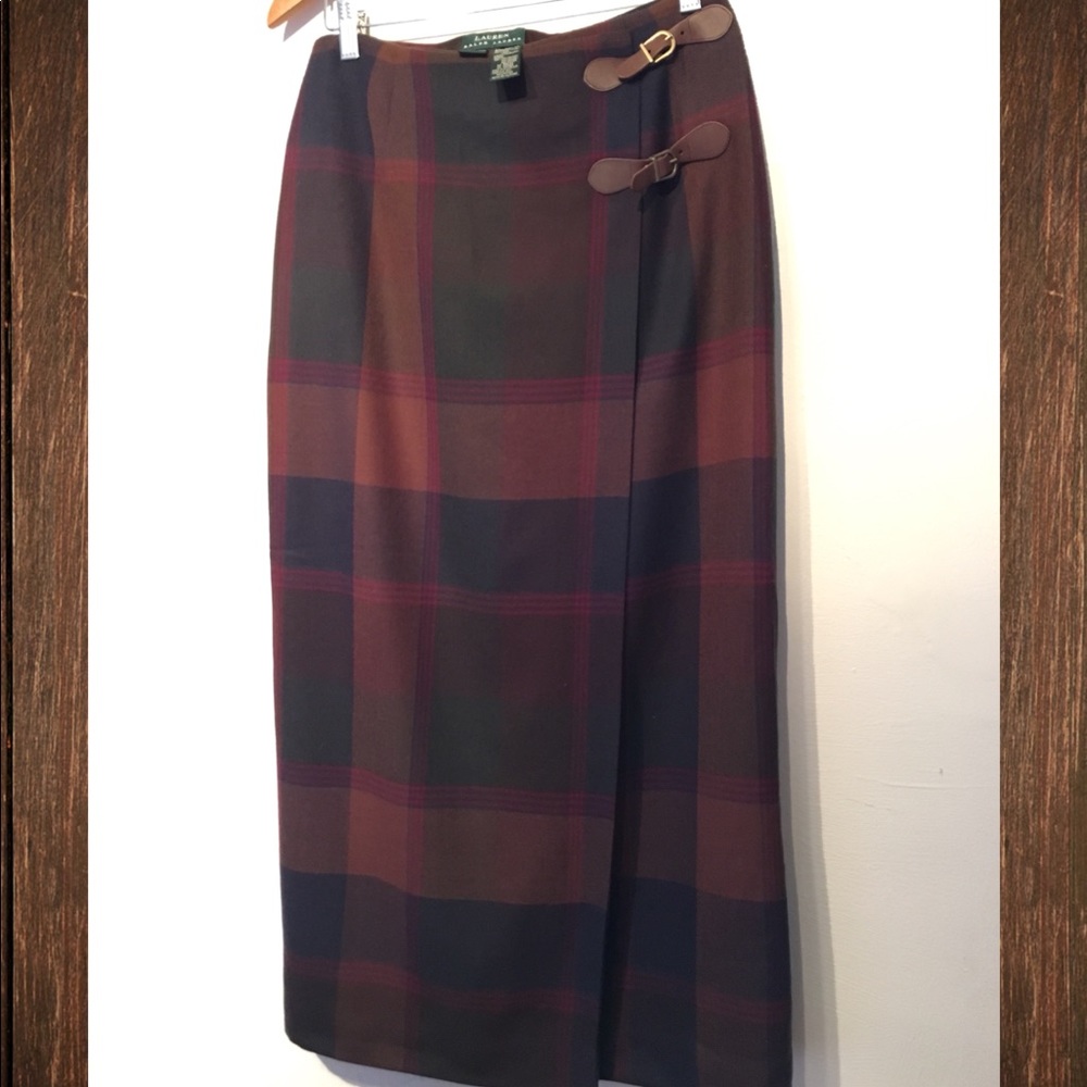 Ralph Lauren Tartan Plaid Buckle Wrap Wool Skirt