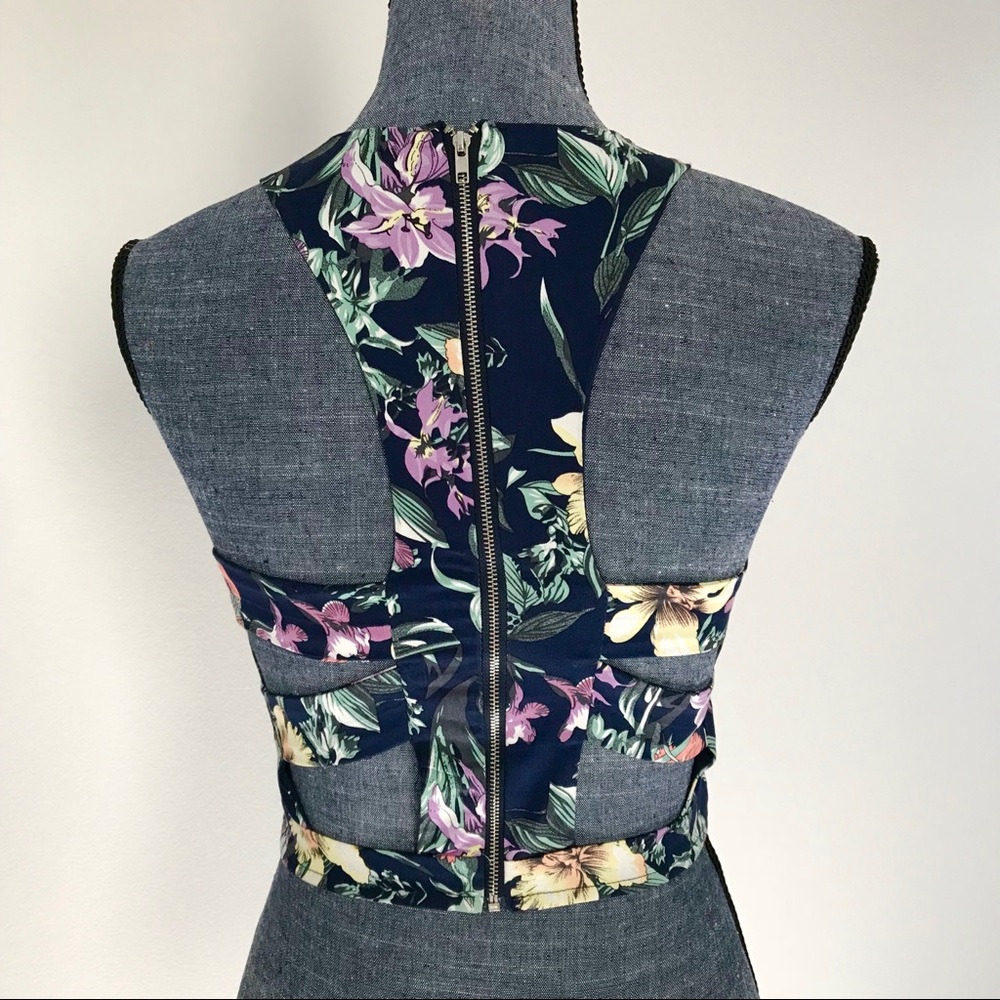 Floral High Neck Crop Top with Cut Outs