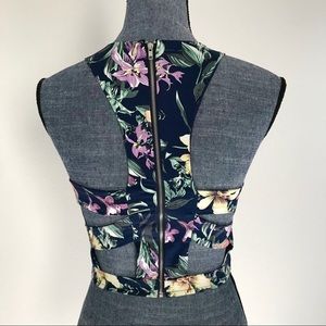 Floral High Neck Crop Top with Cut Outs