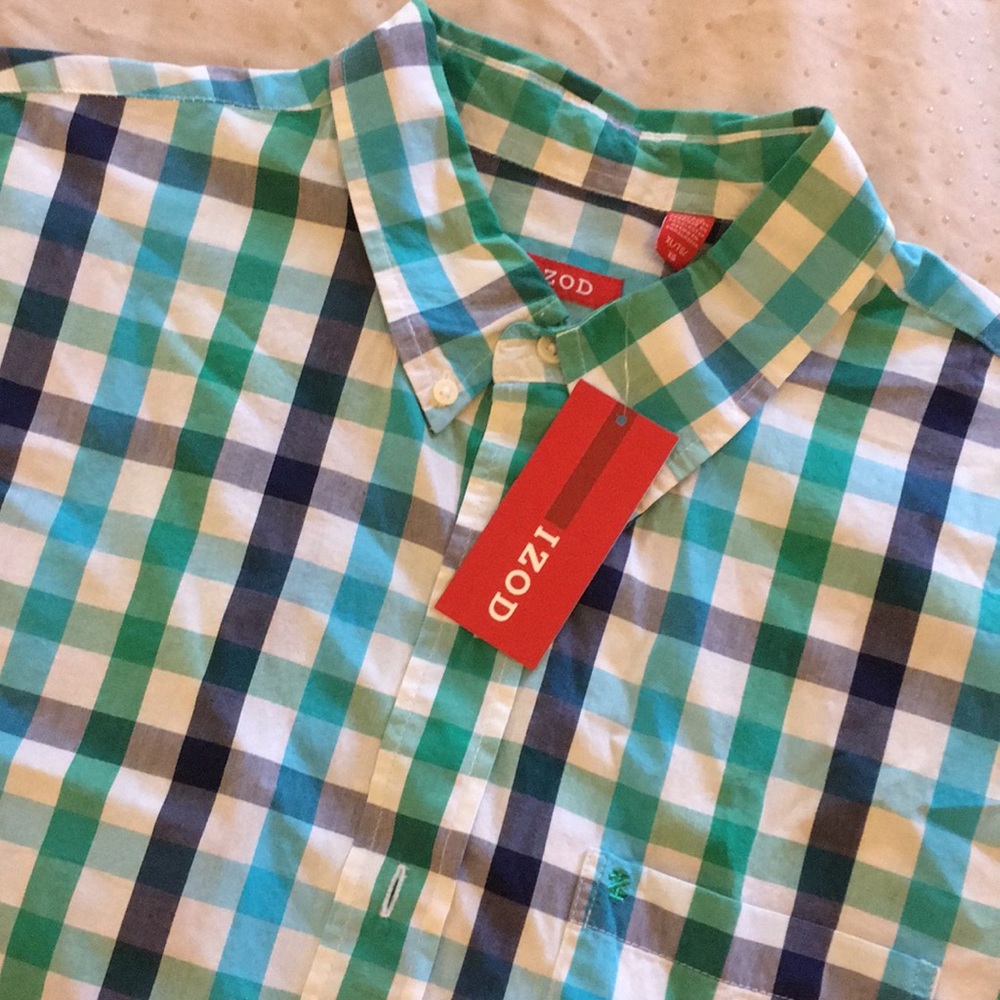 BNWT Izod Blue Green Plaid Short Sleeved Shirt
