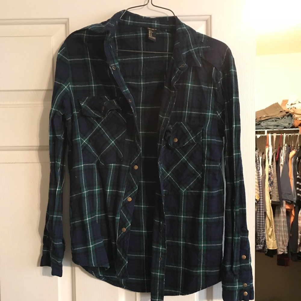 Navy and green plaid shirt