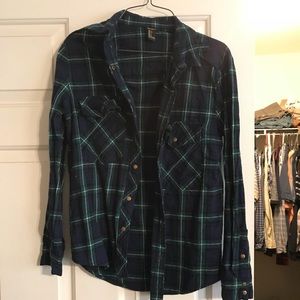 Navy and green plaid shirt