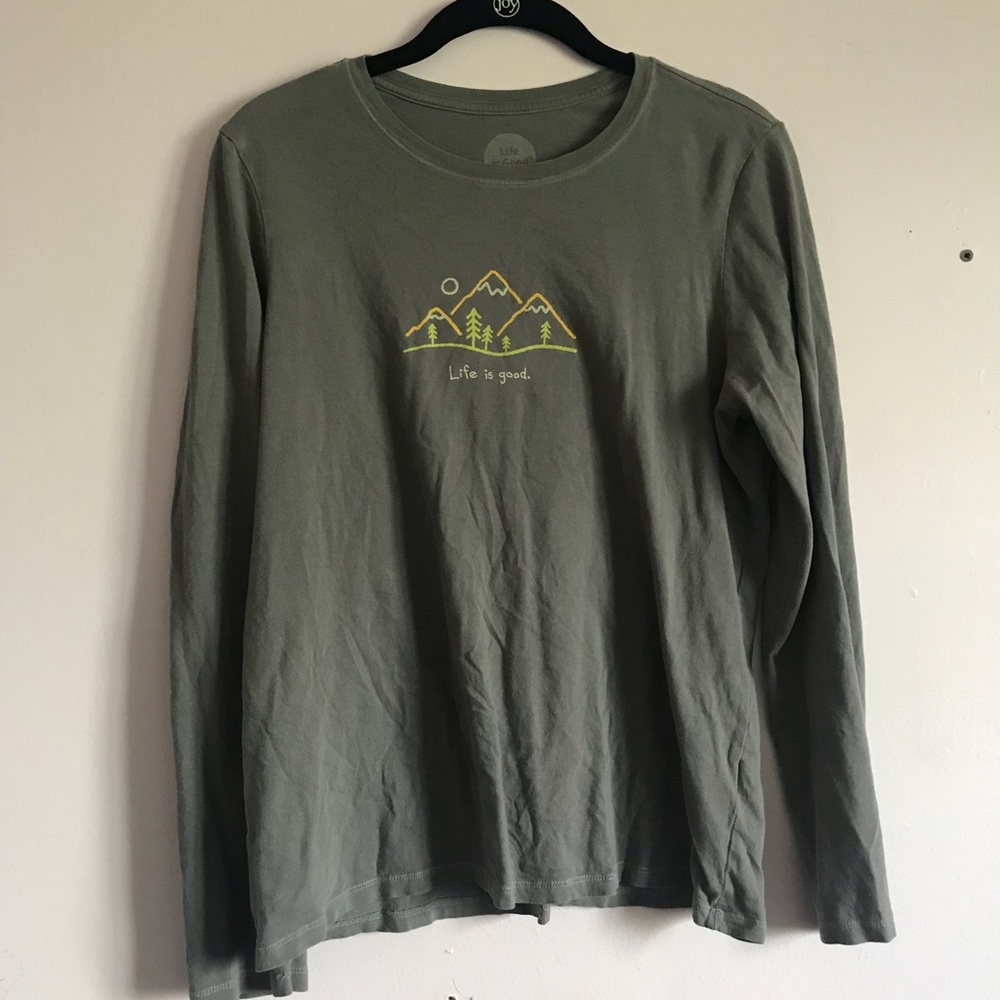 grey long sleeve “Life is Good” shirt