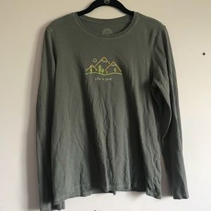 grey long sleeve “Life is Good” shirt