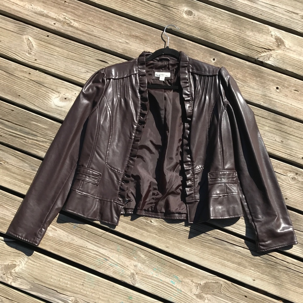 EUC Chocolate/Plum Ruffled Faux Leather Jacket