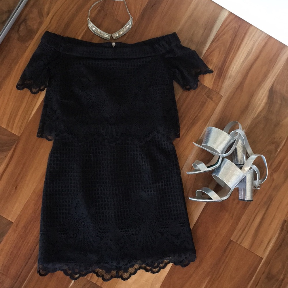 TOPSHOP black lace off shoulder dress