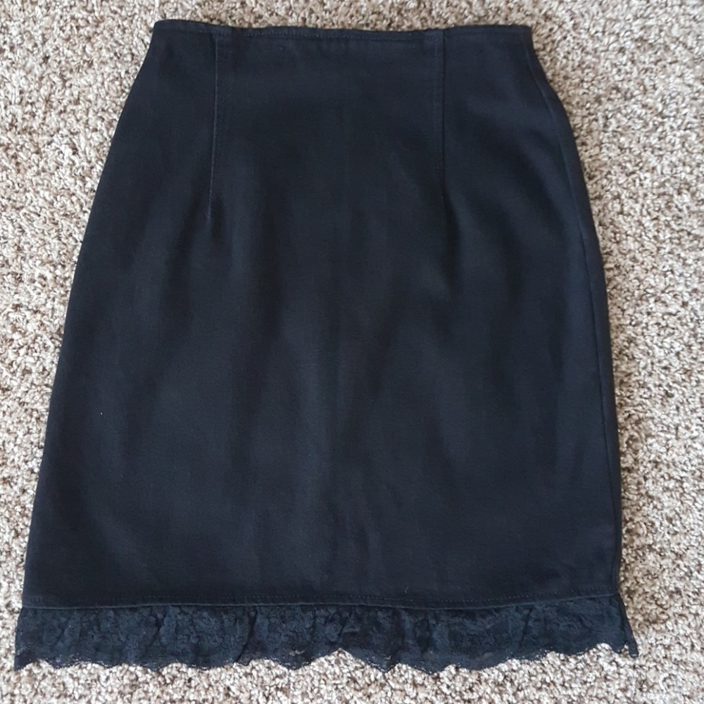 Black Denim Jean Skirt Lace Trim Paris Blues