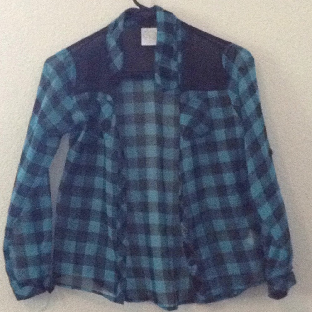 Teal & Black Plaid Button Down Kids Flannel