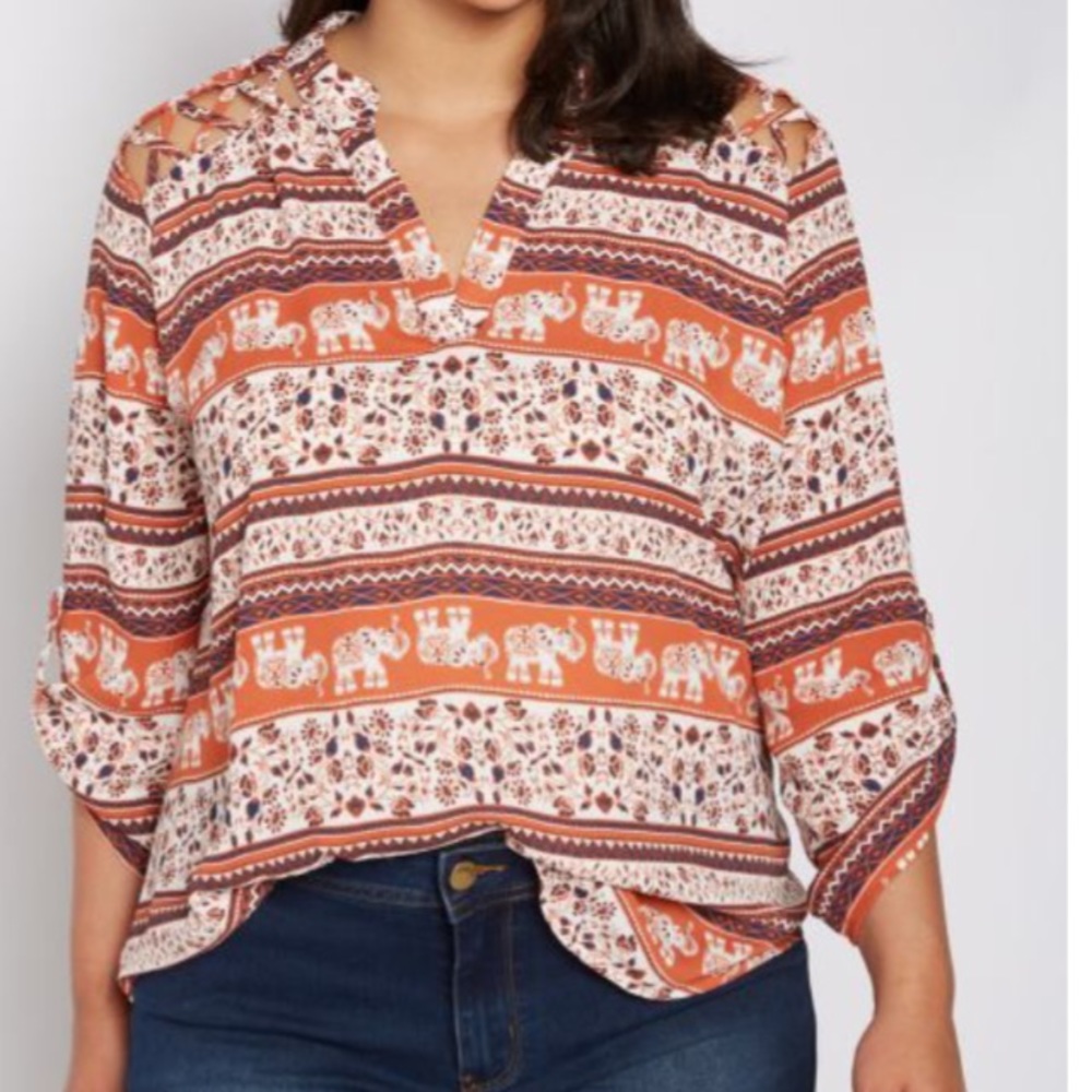 📍🆕 Rue21  Elephant Orange/Brown/Cream Blouse 1X