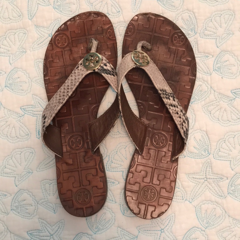 Tory Burch leather snakeskin flip flops size 6