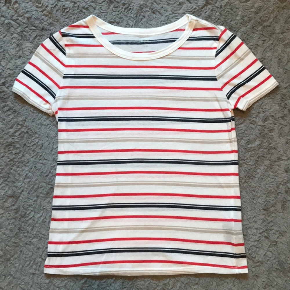 BDG White Tee with Red, Navy, and Beige Stripes