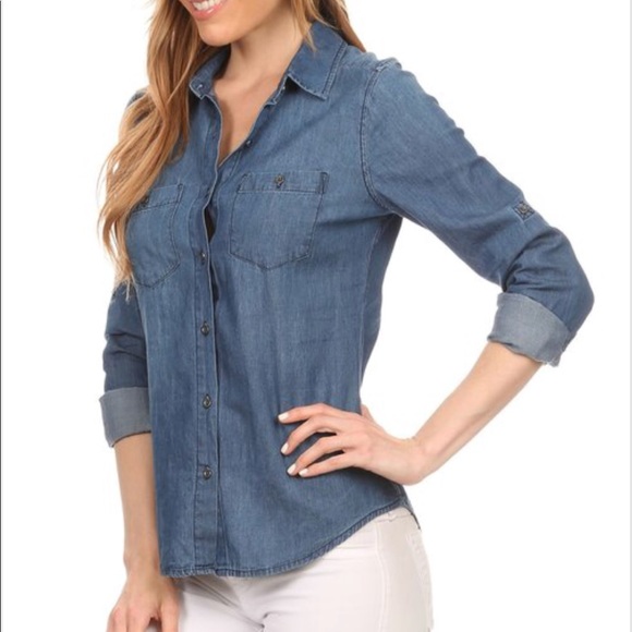 Denim Top Blouse Button Down Shirts - Picture 2 of 8