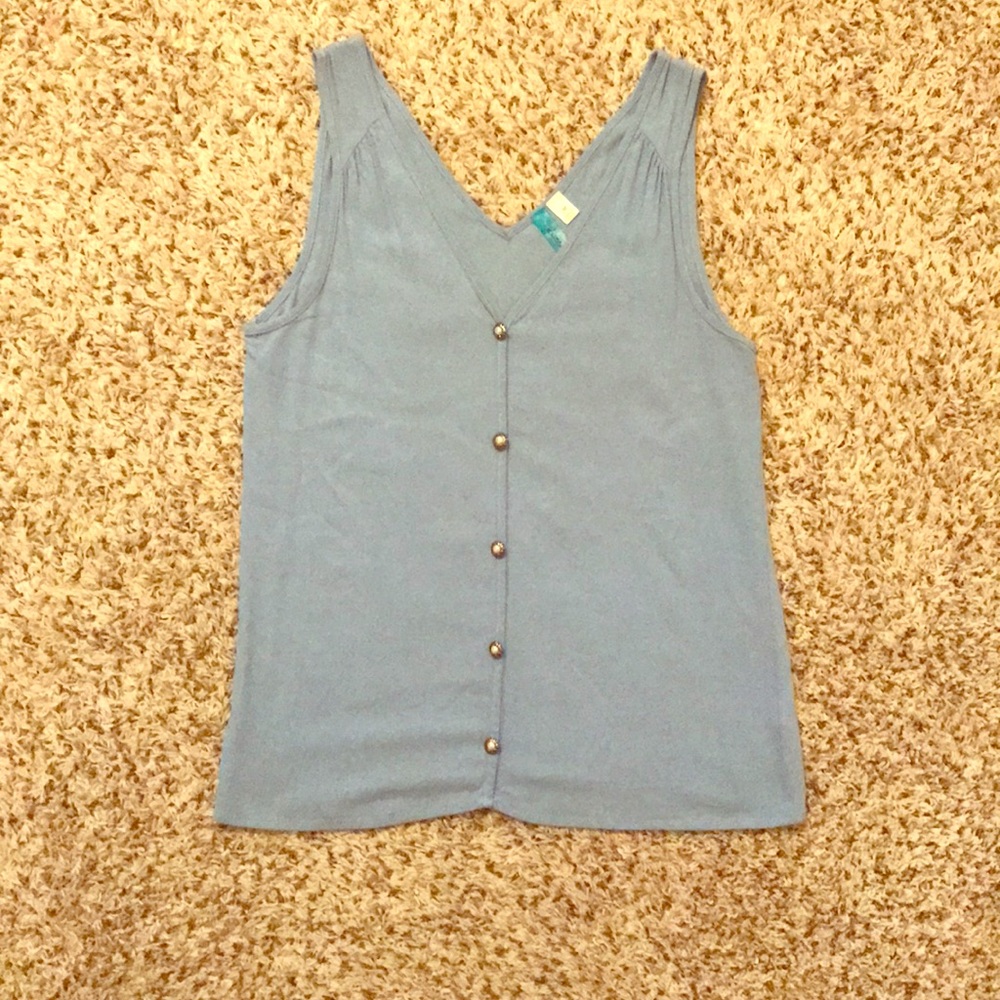 Light Blue Sleeveless Blouse with Pearl Buttons