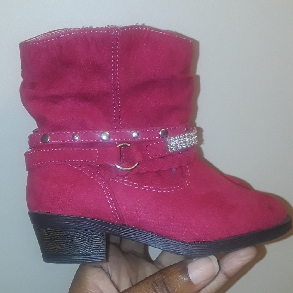 Hot pink boots with silver rhinestone strap