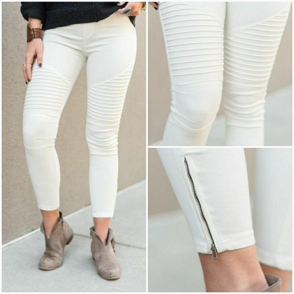 Off White Stretchy Moto Pants - Picture 4 of 6