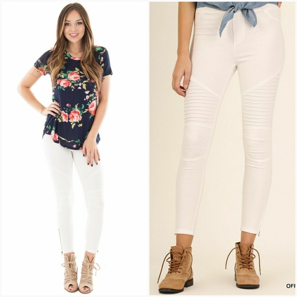 Off White Stretchy Moto Pants - Picture 3 of 6