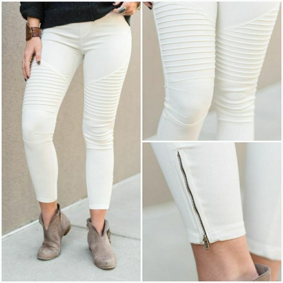 Off White Stretchy Moto Pants - Picture 4 of 6