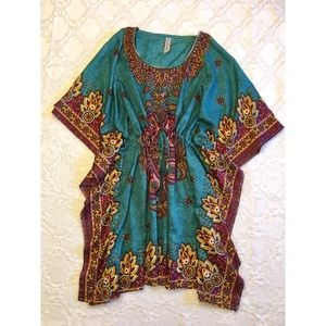 Teal Burgundy Yellow Kaftan Handkerchief Dress