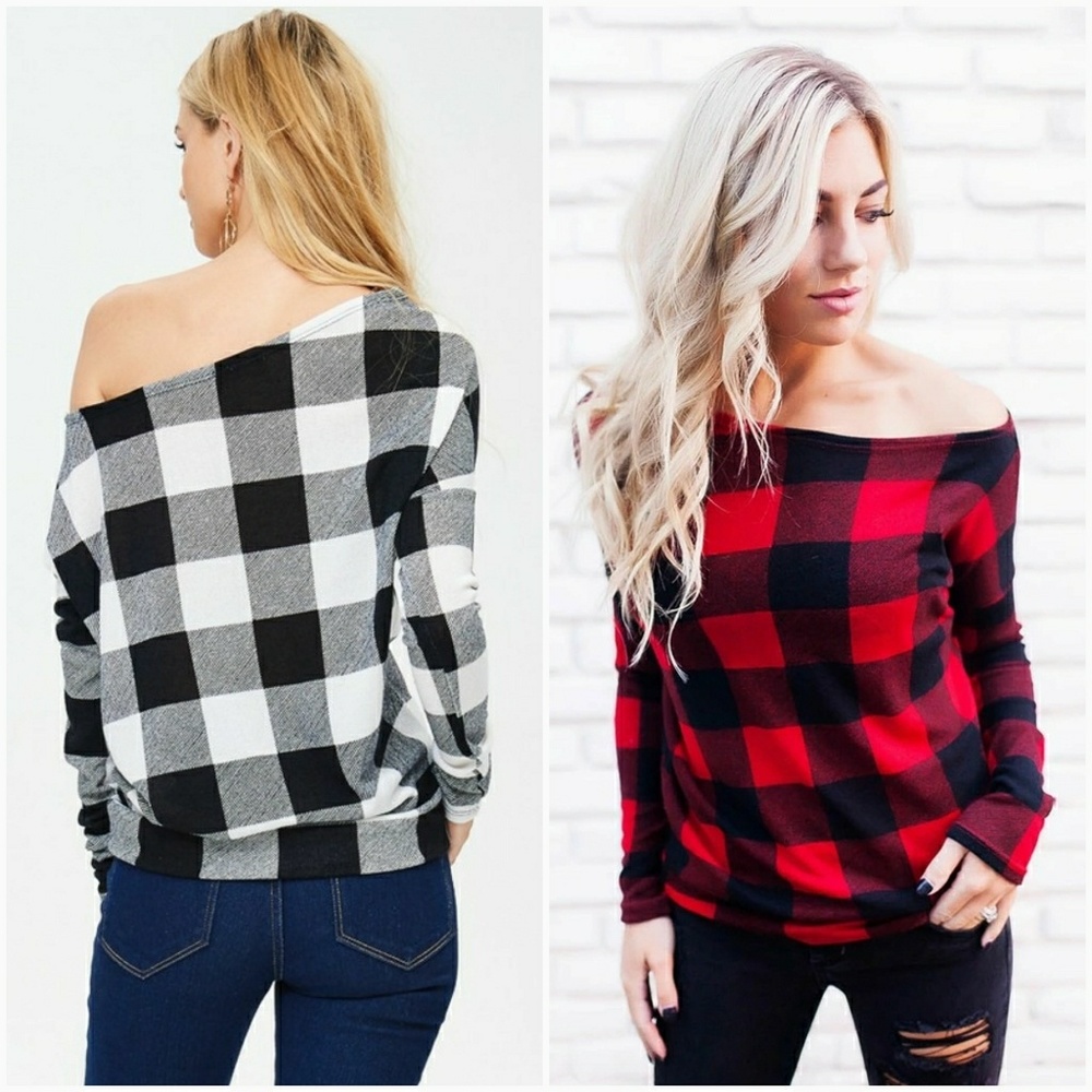 Off The Shoulder White Plaid Sweater - Picture 2 of 3