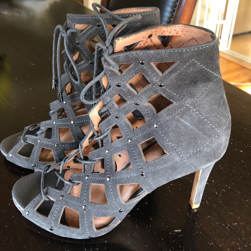 Joie caged grey suede heels