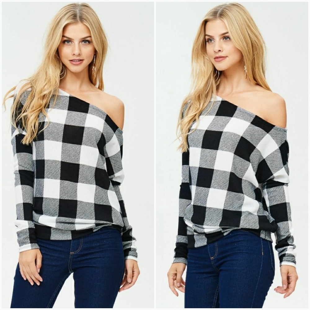 Off The Shoulder Red Plaid Sweater - Picture 5 of 6