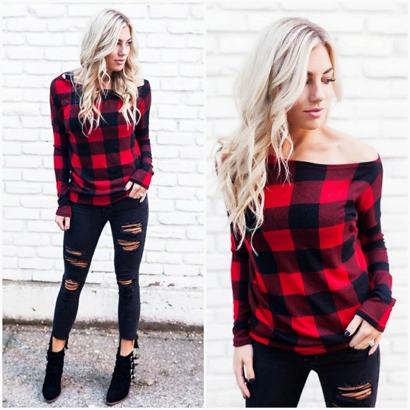 AJ's Threads Sweaters - Off The Shoulder Red Plaid Sweater