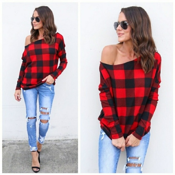Off The Shoulder Red Plaid Sweater - Picture 2 of 6
