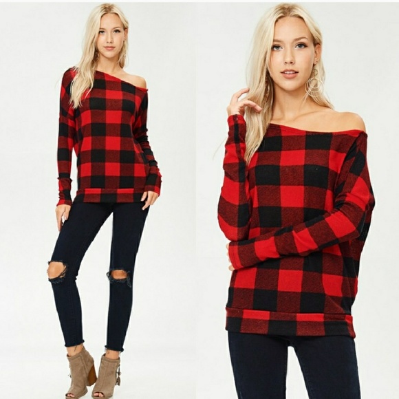 Off The Shoulder Red Plaid Sweater - Picture 3 of 6