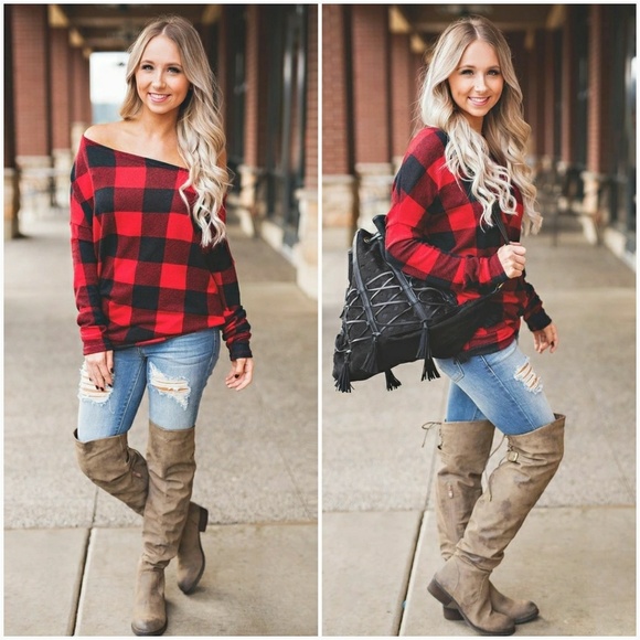 Off The Shoulder Red Plaid Sweater - Picture 4 of 6