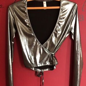 Silver metallic long sleeve wrap crop top