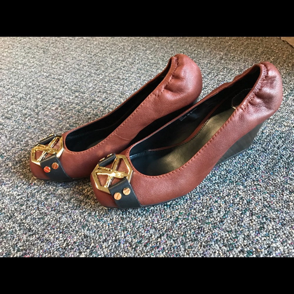 DMSX brown leather square toe wedge women shoes