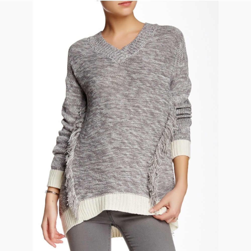 NWT Love Token Grey & White Amelia Fringe Sweater