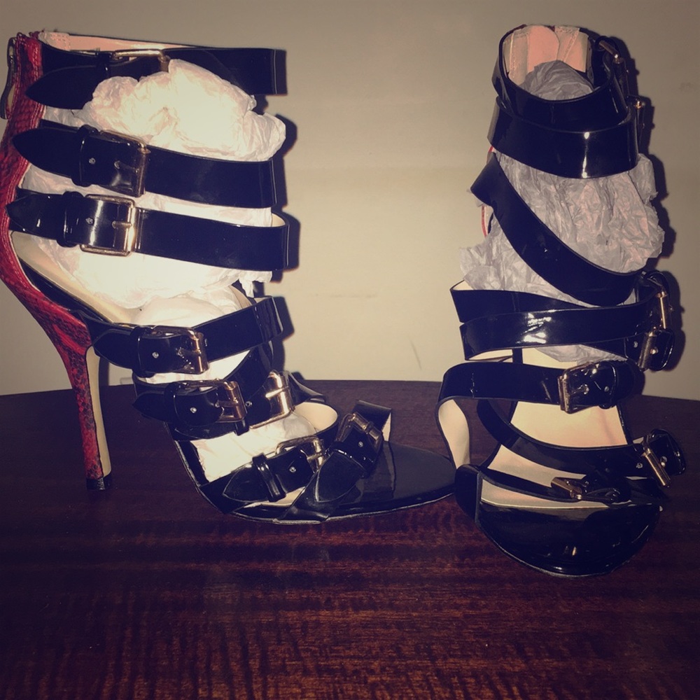 Patent leather strapped heels