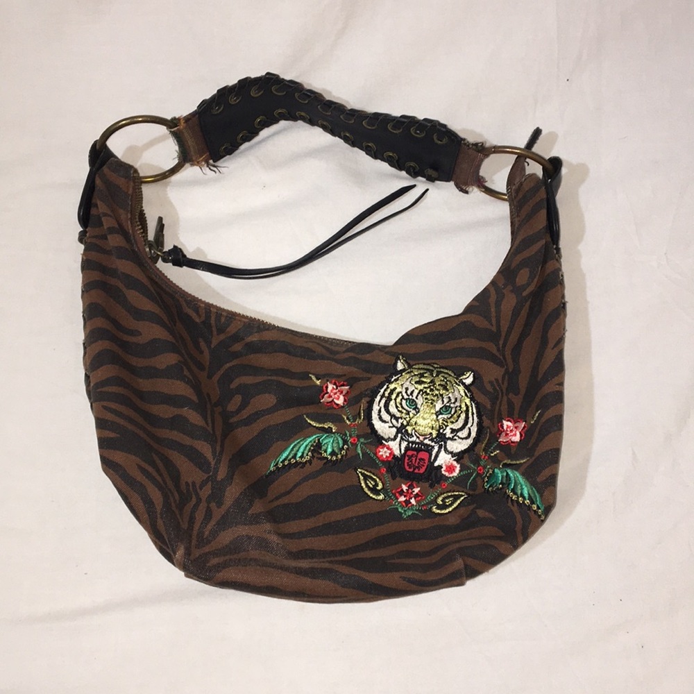 Tiger embroidered leather trim shoulder bag