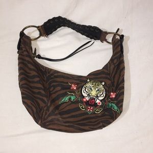 Tiger embroidered leather trim shoulder bag
